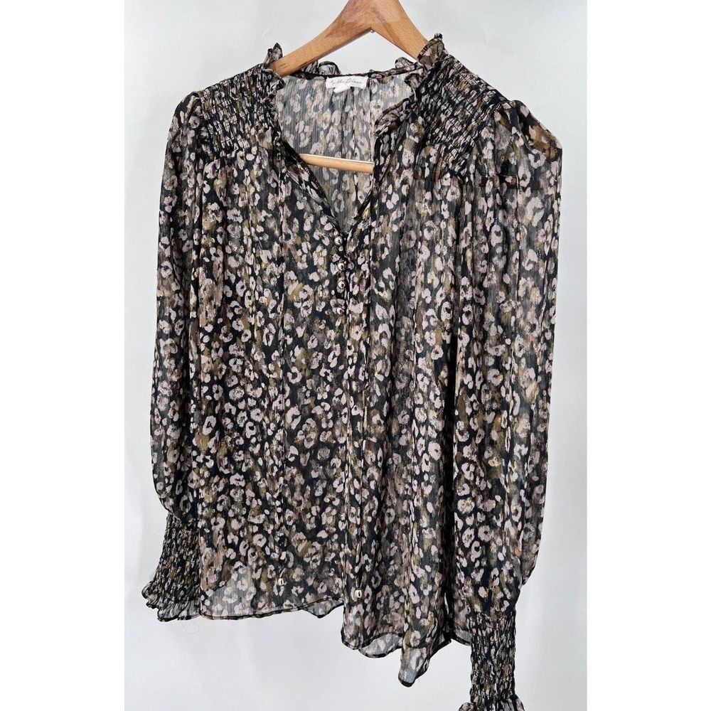 By The River Size Medium Chiffon Blouse Semi-Sheer Multicolor Pullover Tie-Neck